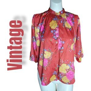 Vintage 60's Georgee Originals Floral Button down 3/4 Sleeve Size Large